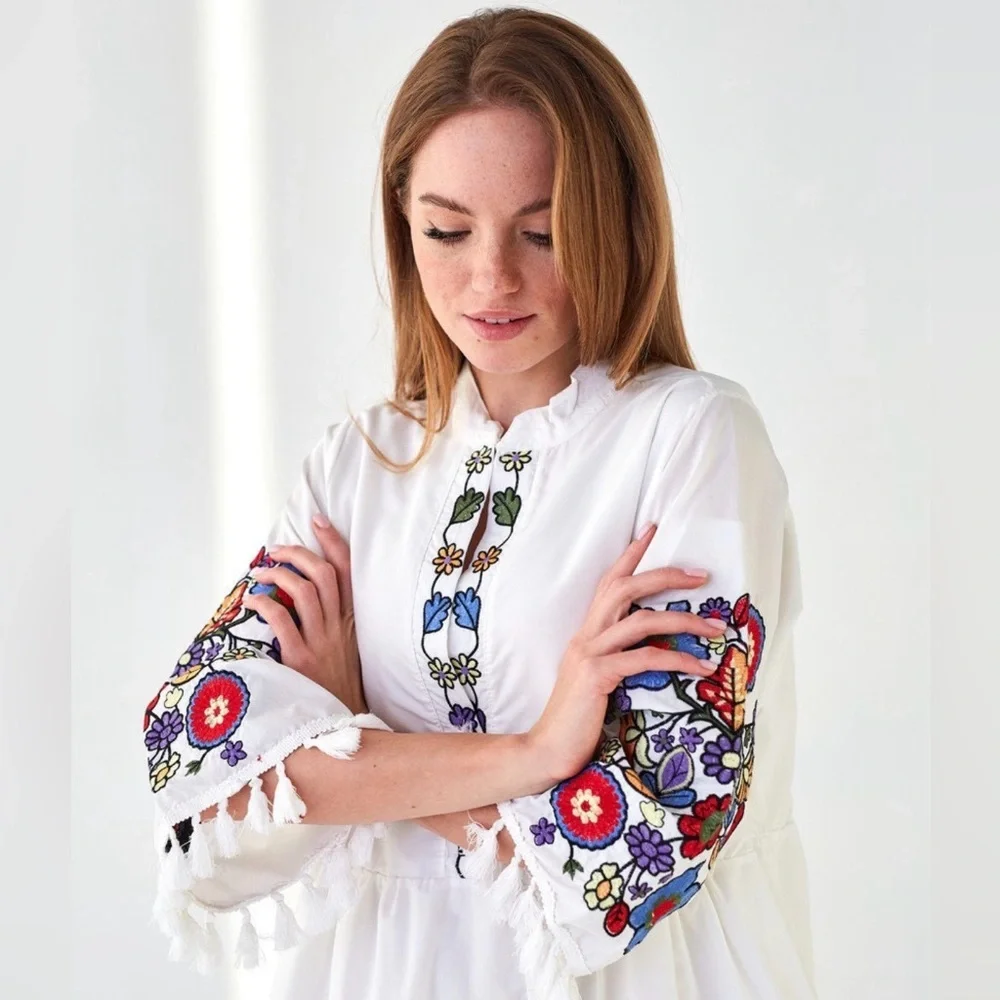 ESQ Embroidered Boho Midi Dress Women’s Small White Floral Tassel - Picture 5 of 9